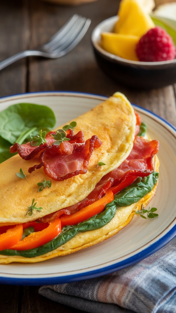 High-Protein Paleo Omelette Recipe A fluffy high-protein paleo omelette with vegetables and bacon, plated on a rustic wooden table with fruit.