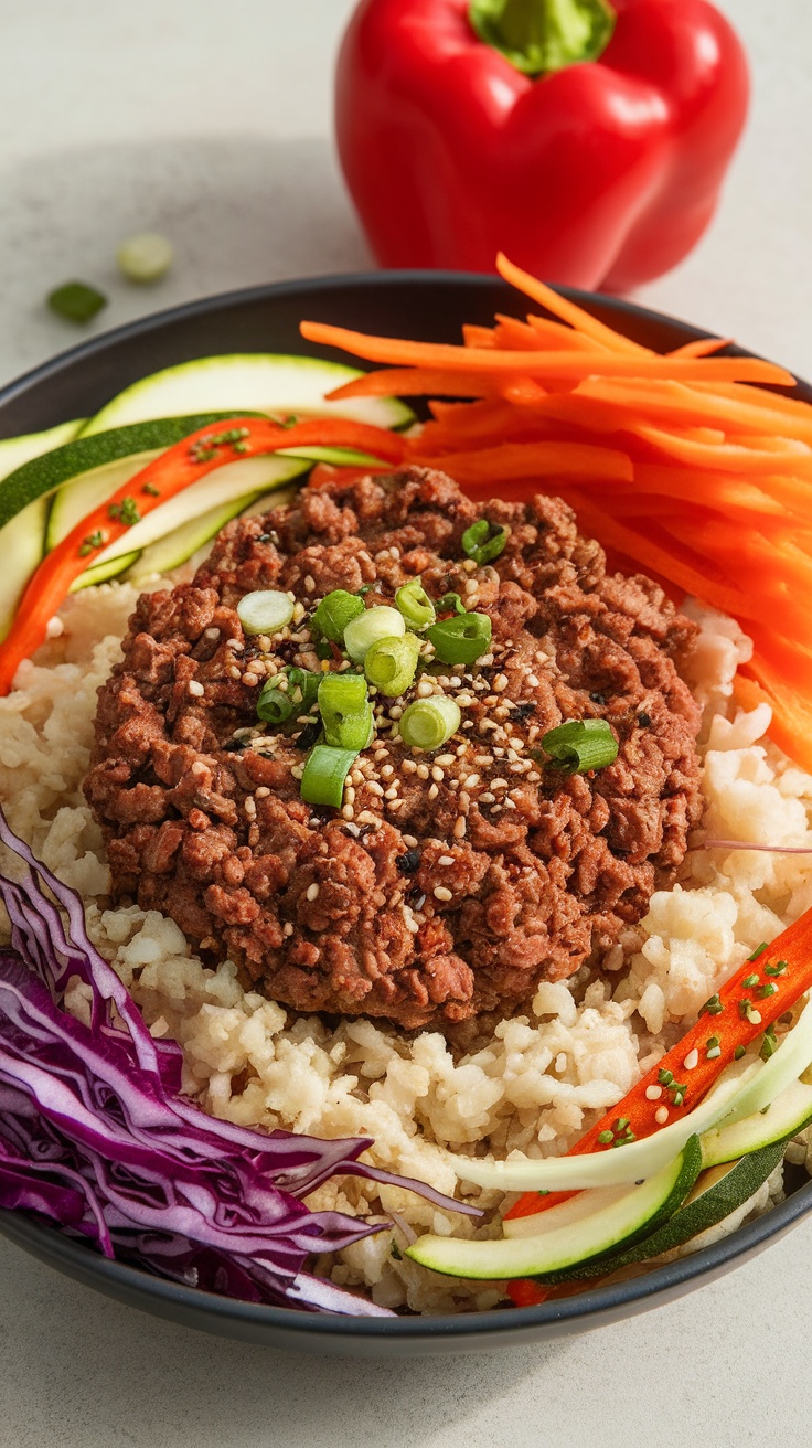 Paleo-Friendly Korean Ground Beef and Cauliflower Rice Bowl A colorful Korean ground beef bowl with cauliflower rice and assorted fresh vegetables on a minimal background.