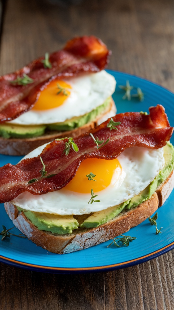 Paleo Avocado Bacon and Egg Toast Recipe Paleo avocado bacon and egg toast on a plate, garnished with herbs.