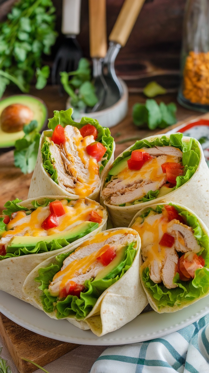 Paleo Cheesy Garlic Chicken Wraps Cheesy garlic chicken wraps made with lettuce leaves filled with shredded chicken and cheese, garnished with tomatoes and avocado.