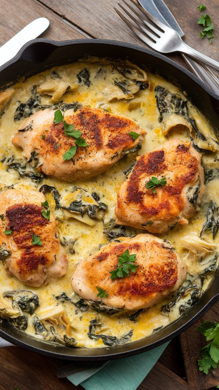 Creamy Spinach Artichoke Chicken Skillet Creamy spinach artichoke chicken in a skillet, garnished with parsley on a wooden table.