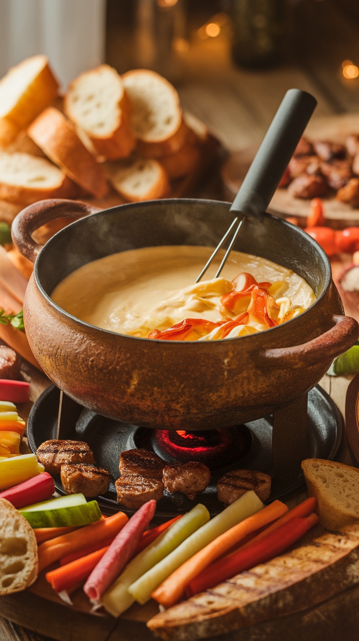 Classic Swiss Cheese and Gruyere Fondue Recipe A bubbling pot of Swiss cheese and Gruyere fondue surrounded by bread and vegetable dippers.