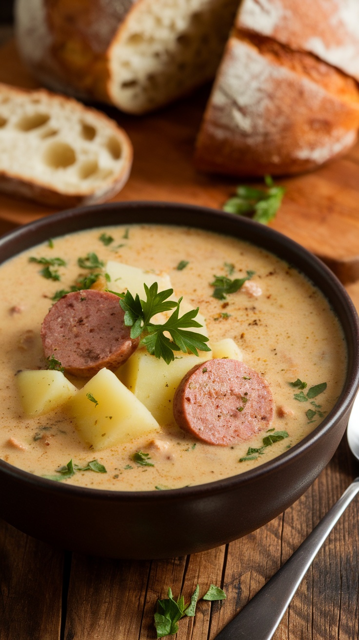 Creamy Sausage Potato Soup Recipe A bowl of creamy sausage potato soup with parsley garnish and rustic bread on a wooden table.