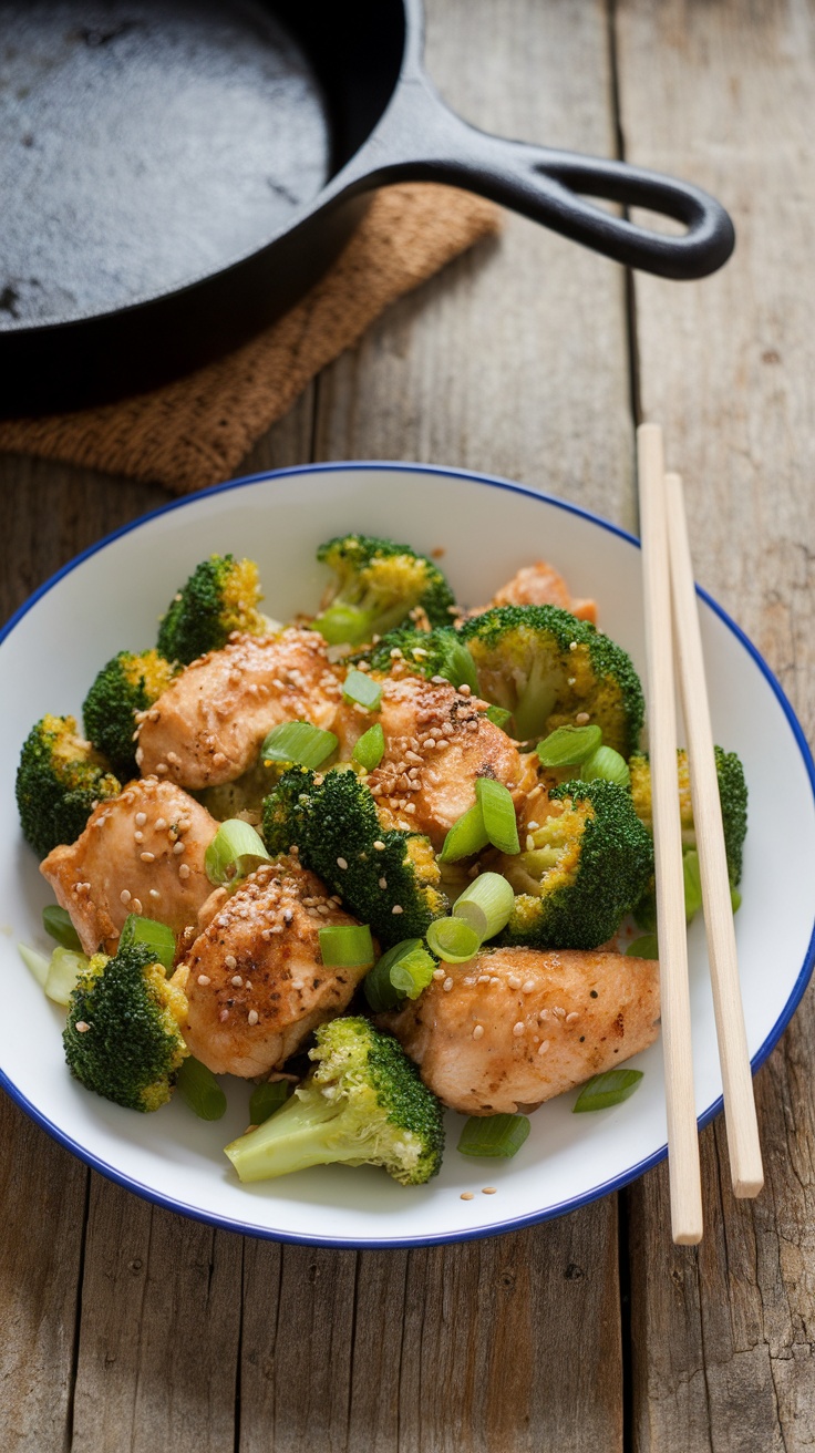 Healthy Paleo Chicken and Broccoli Stir Fry Recipe Paleo chicken and broccoli stir fry served in a bowl, garnished with sesame seeds and green onions, with a cast iron skillet in the background.
