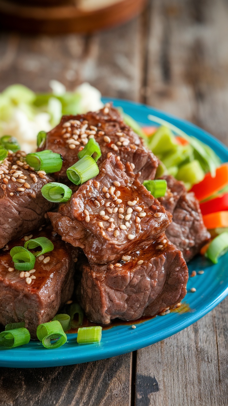 Savory Paleo Korean Beef Steak Bites Savory Paleo Korean Beef Steak Bites garnished with green onions and sesame seeds, on a rustic wooden table.