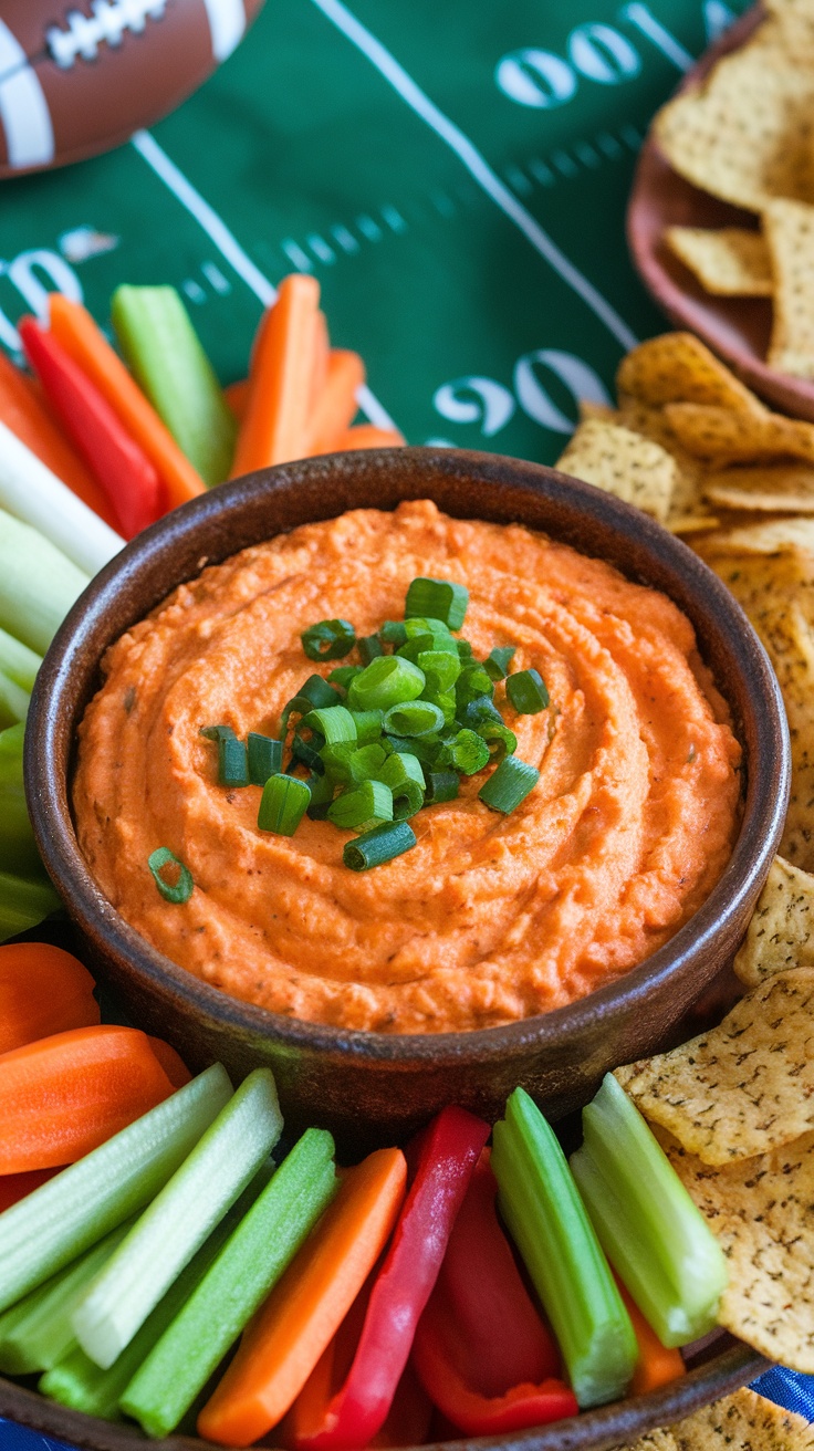 Spicy Paleo Buffalo Chicken Dip Recipe A colorful bowl of buffalo chicken dip with vegetable sticks for dipping, set in a casual game day atmosphere.