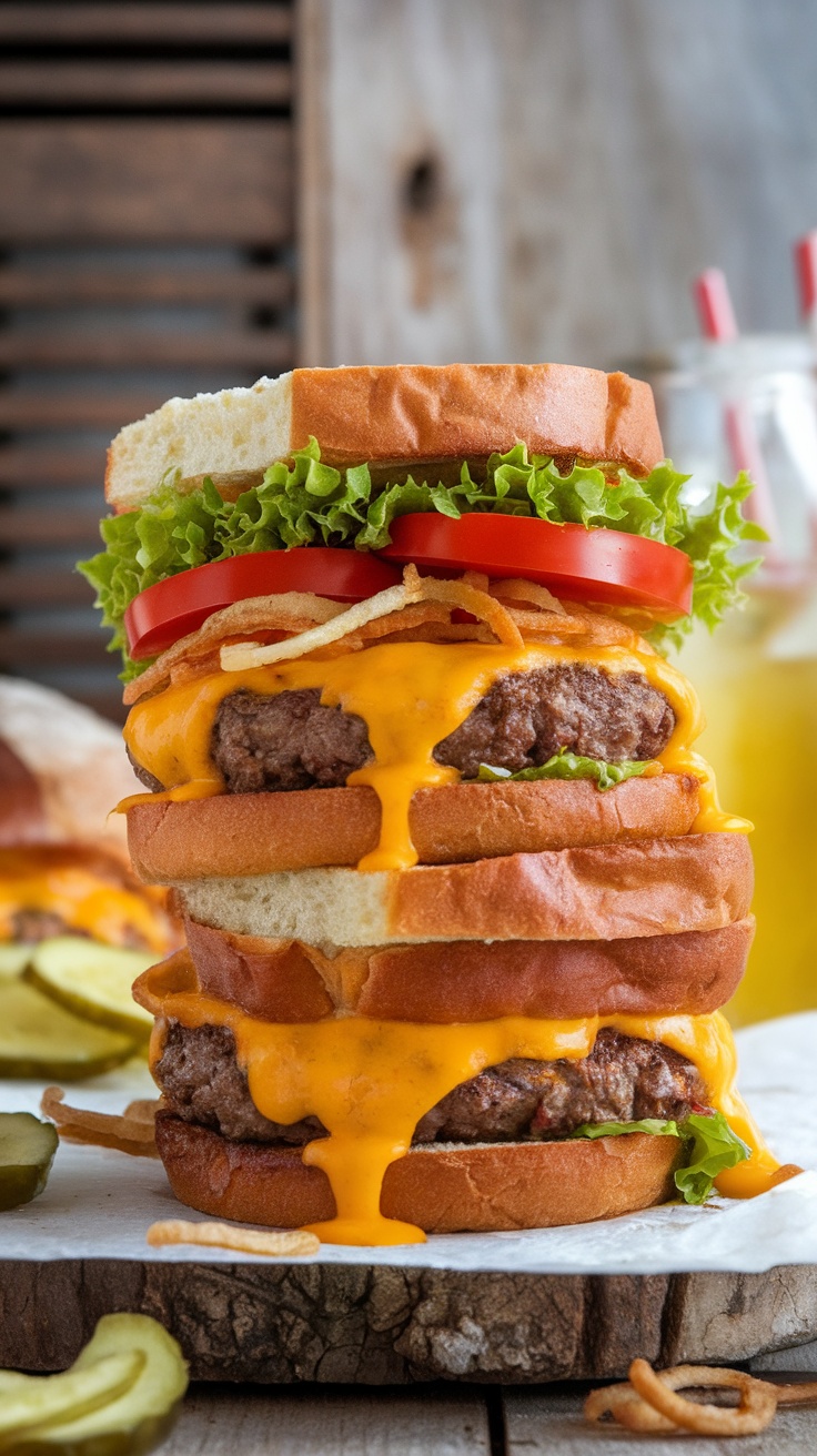Delicious Paleo Smash Burgers with Cheddar Cheese A stack of paleo smash burgers with cheddar cheese on sourdough buns topped with lettuce and tomato, served on a rustic wooden table.