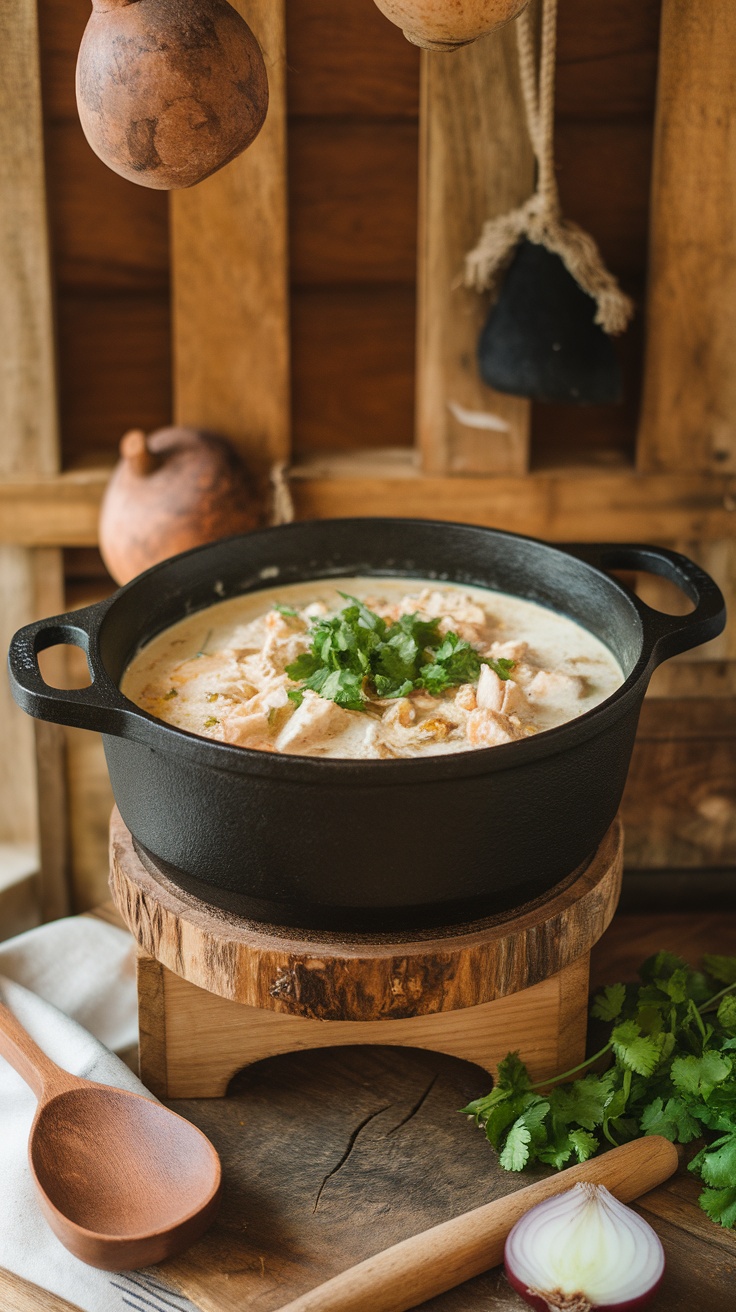 Paleo-Friendly Easy White Chicken Chili Recipe A cast iron pot of white chicken chili topped with cilantro on a wooden background.