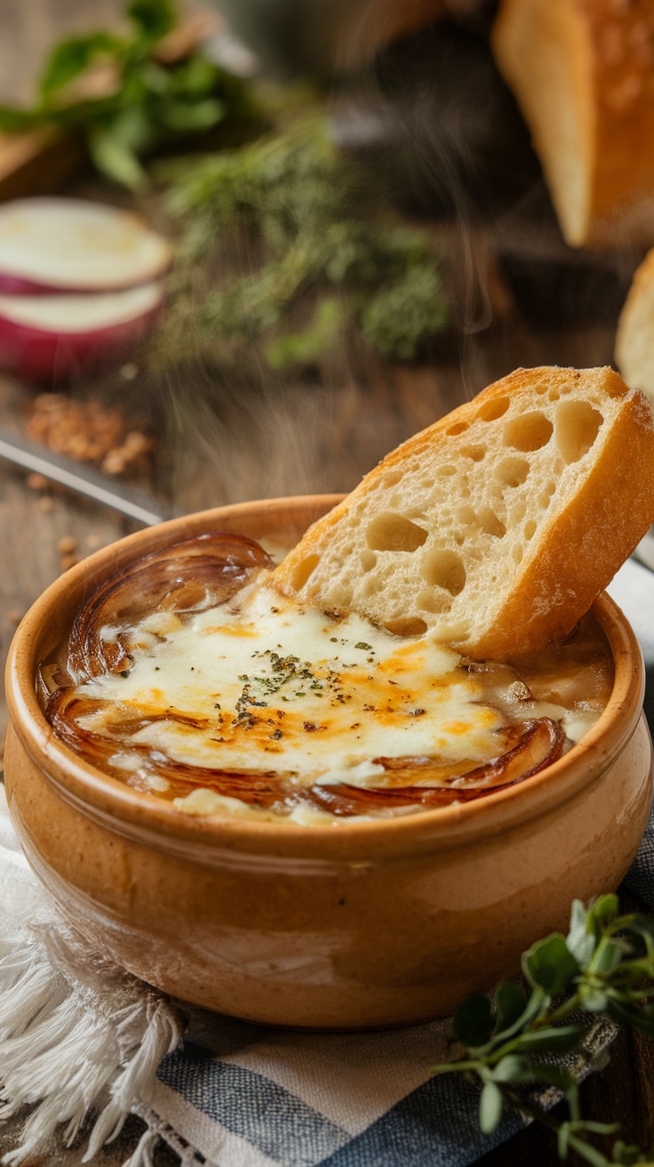 Classic French Onion Soup Recipe A bowl of French onion soup with melted cheese and toasted baguette, served in a rustic kitchen.