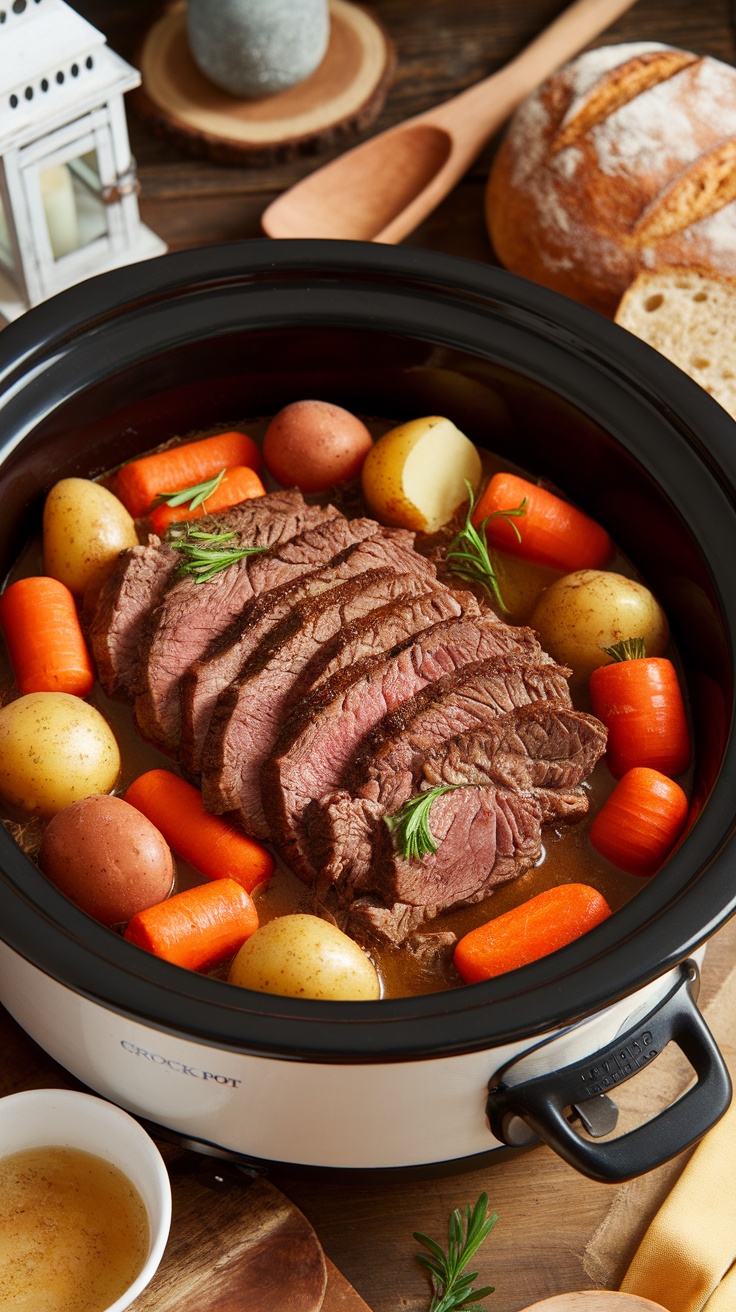 Tender and Flavorful Crock Pot Beef Roast Recipe Tender slices of beef roast with vegetables in broth, served on a rustic table with bread.