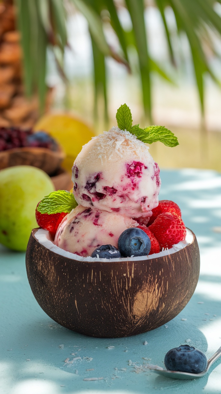 Paleo Berry Coconut Ice Cream A colorful bowl of berry coconut ice cream garnished with mint and shredded coconut, captured in a tropical setting.