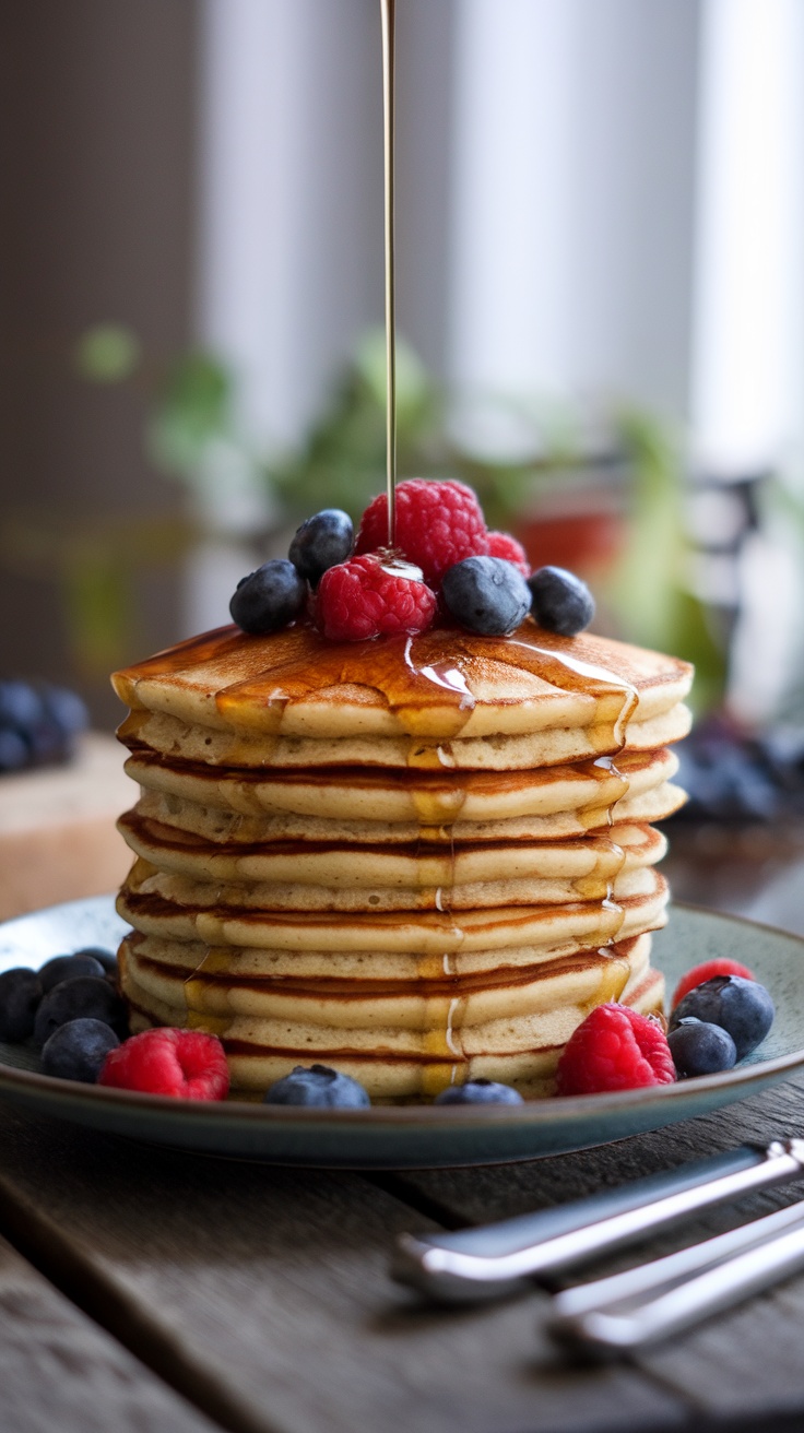 Fluffy Almond Flour Pancakes - A Paleo Delight A delicious stack of almond flour pancakes with syrup and berries on a rustic table.