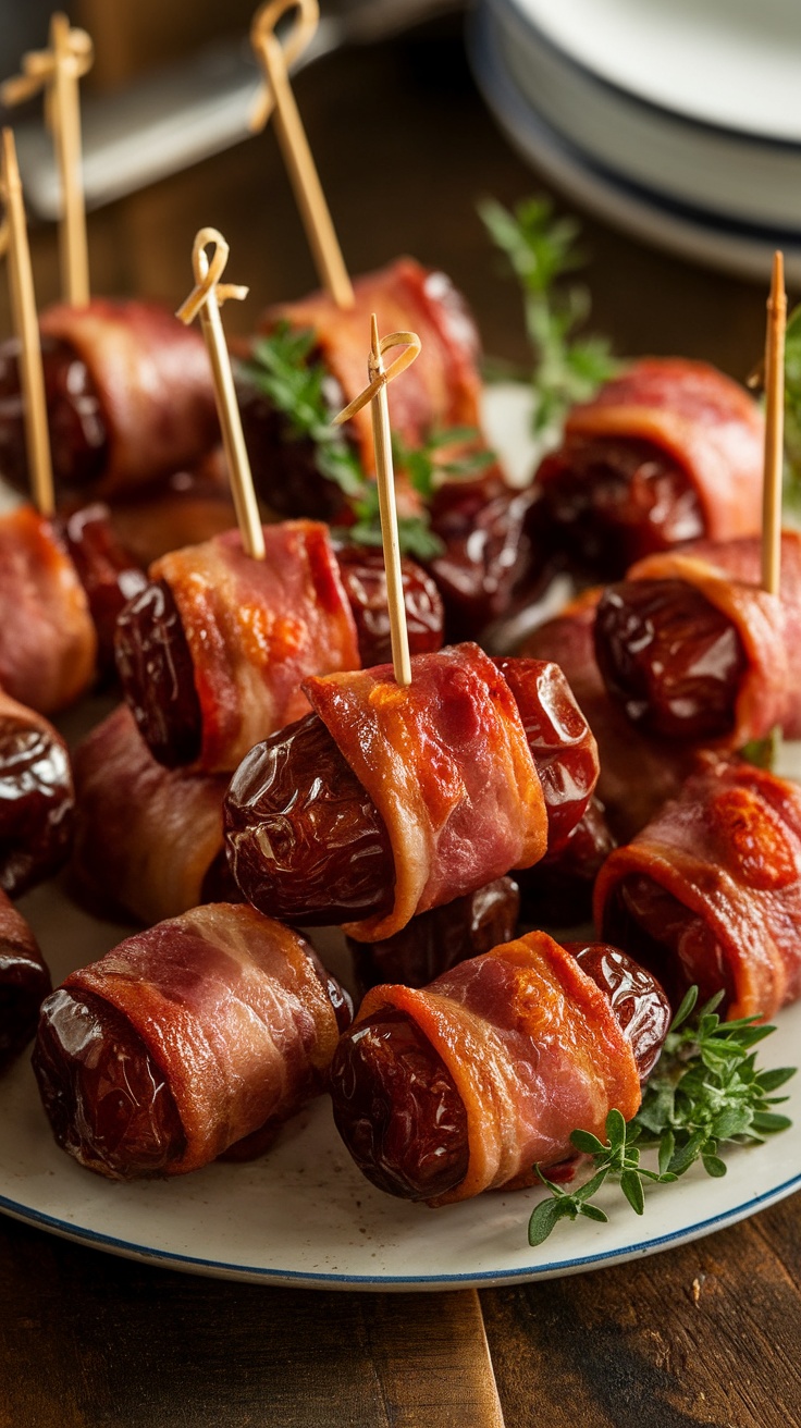 Savory Bacon-Wrapped Dates with a Paleo Twist A close-up view of crispy bacon-wrapped dates on a rustic wooden platter, garnished with fresh herbs and toothpicks.