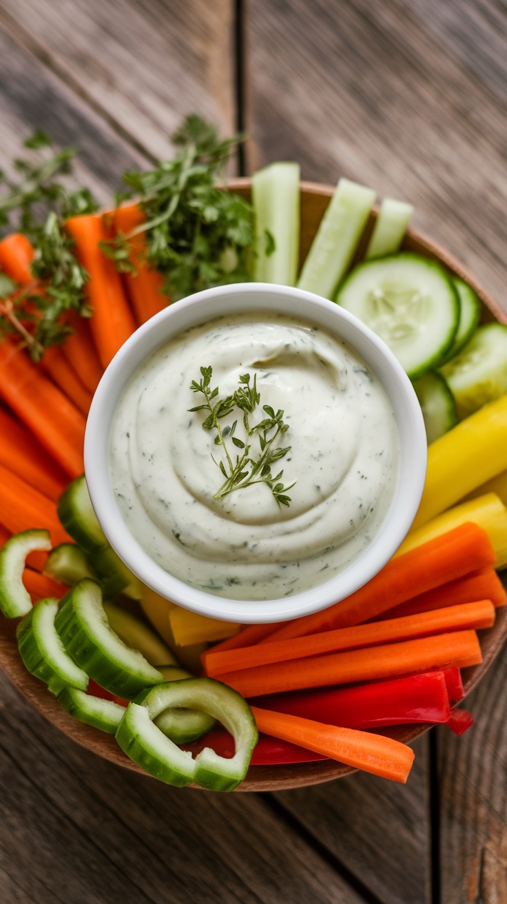 Creamy Paleo Ranch Dressing Recipe A bowl of creamy paleo ranch dressing with fresh herbs, surrounded by vibrant fresh vegetables for dipping.