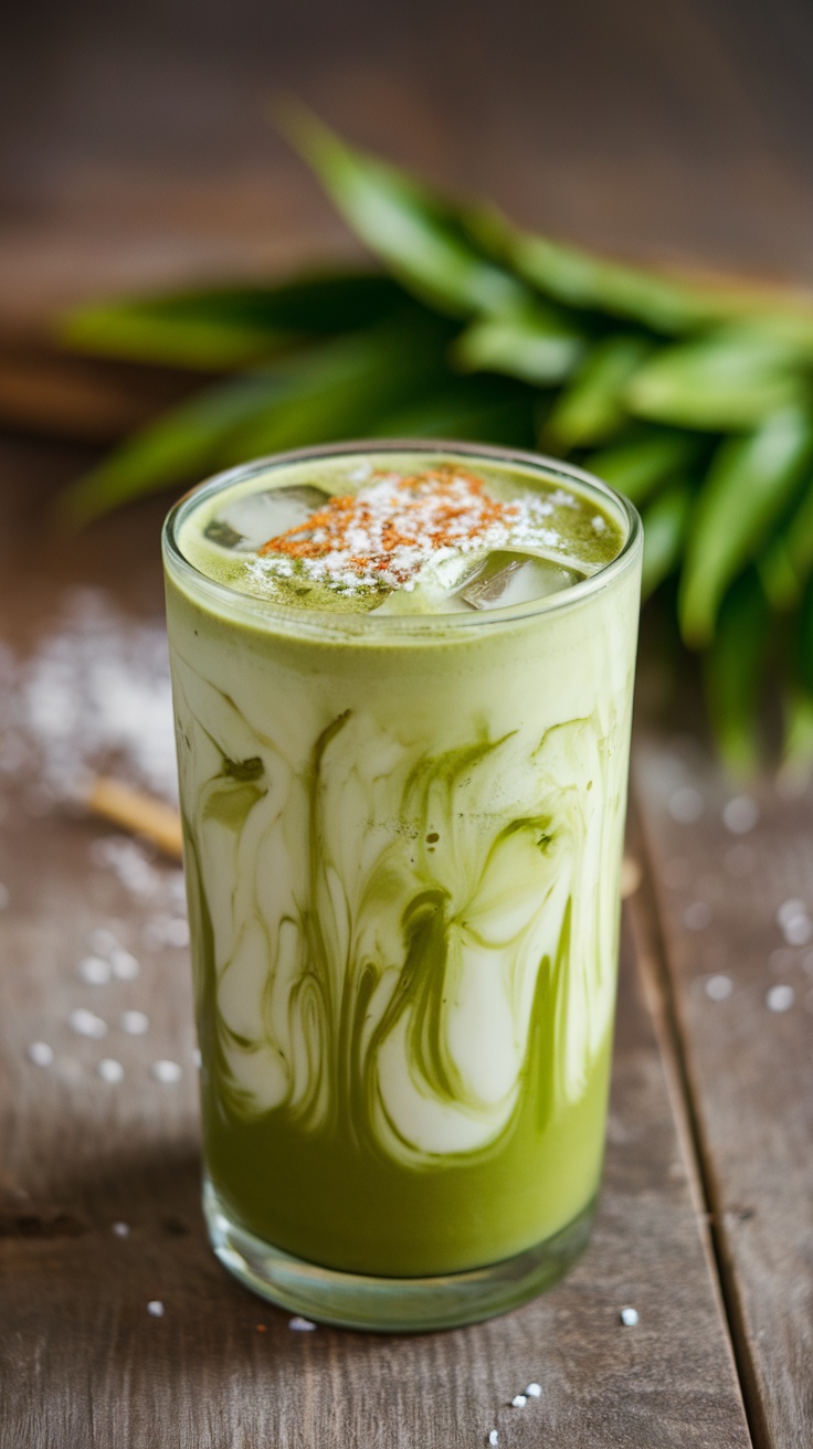 Refreshing Iced Matcha with Coconut Milk Recipe A refreshing iced matcha drink with coconut milk, garnished with coconut flakes, on a rustic wooden table.
