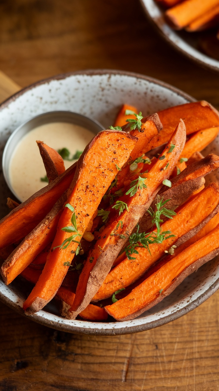 Crispy Baked Sweet Potato Fries Recipe Crispy baked sweet potato fries in a bowl with herbs on a rustic wooden table.