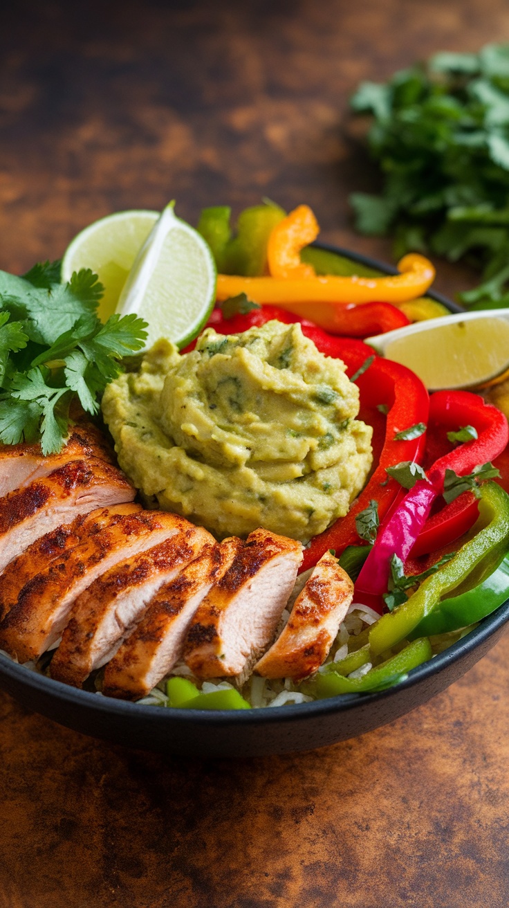 Savory Mexican Chicken Bowl with Guacamole A colorful Mexican Chicken Bowl with grilled chicken, bell peppers, and guacamole garnished with cilantro and lime.