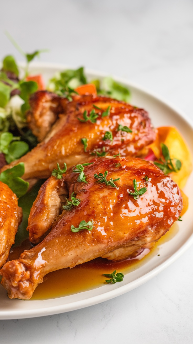 Zesty Baked Hot Honey Chicken Recipe Baked Hot Honey Chicken pieces drizzled with honey glaze, garnished with herbs on a plate.