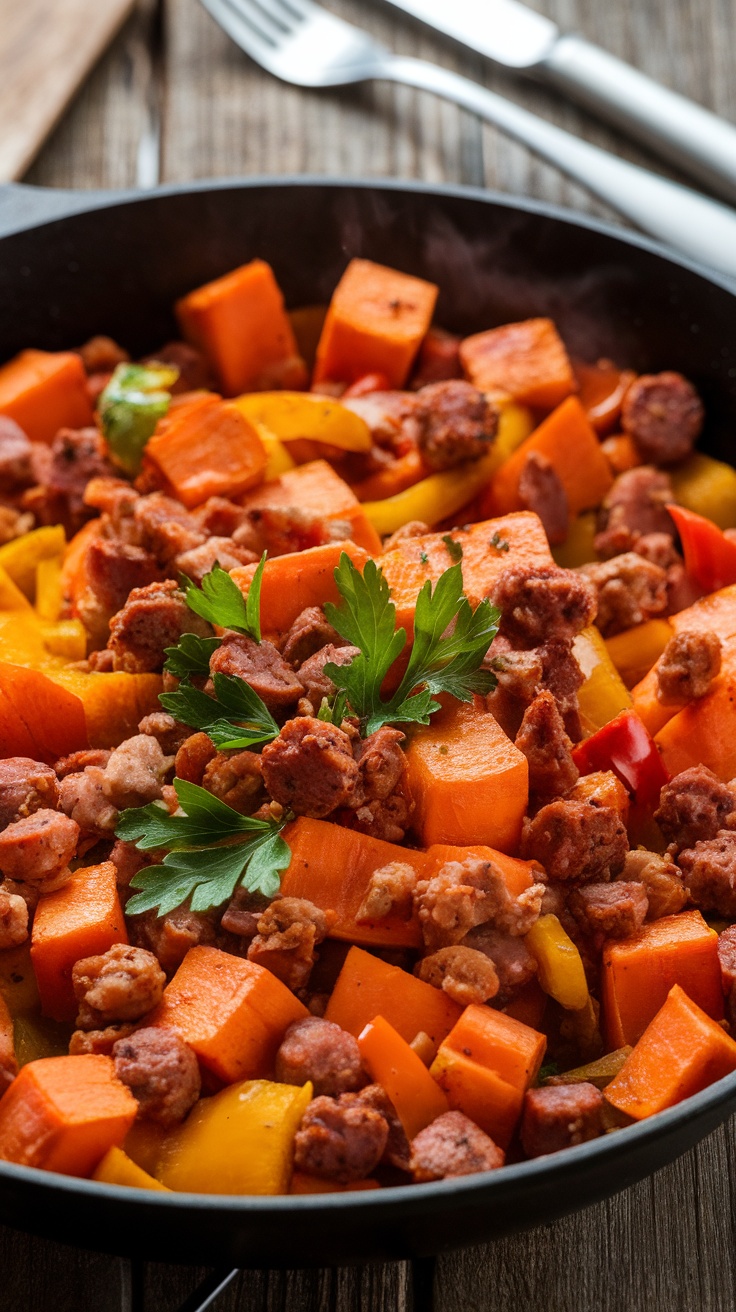 Savory Sweet Potato and Sausage Hash Sweet Potato and Sausage Hash with sausage, sweet potatoes, and bell peppers, garnished with parsley on a rustic table.