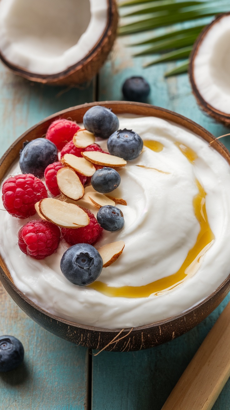 Creamy and Delicious Homemade Coconut Yogurt Recipe A bowl of creamy coconut yogurt garnished with berries and nuts on a wooden table.