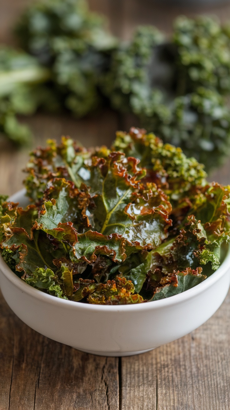 Crispy Homemade Kale Chips Recipe A bowl of crispy kale chips on a wooden table, surrounded by fresh kale leaves.
