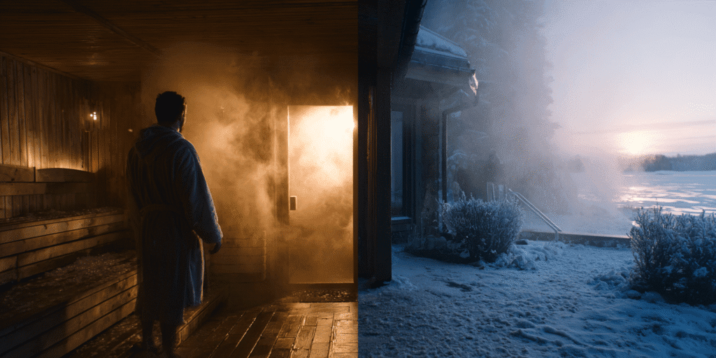 Hot steaming sauna next to a cold winter plunge
