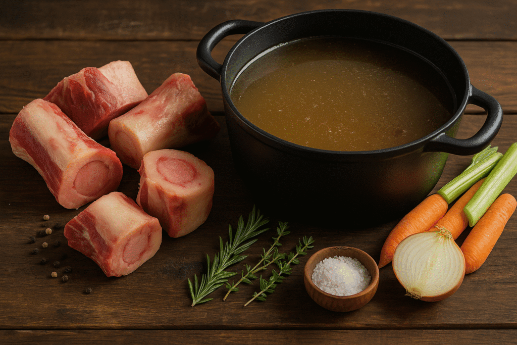 Soup bones and root vegetables on a table with a bone broth in a cast iron dutch oven pot.