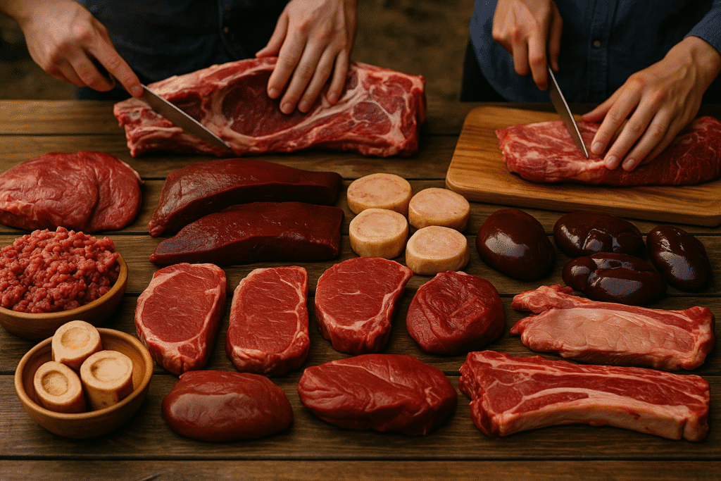 Cow getting butchered and cut up on a wood table with beef and organ meats.
