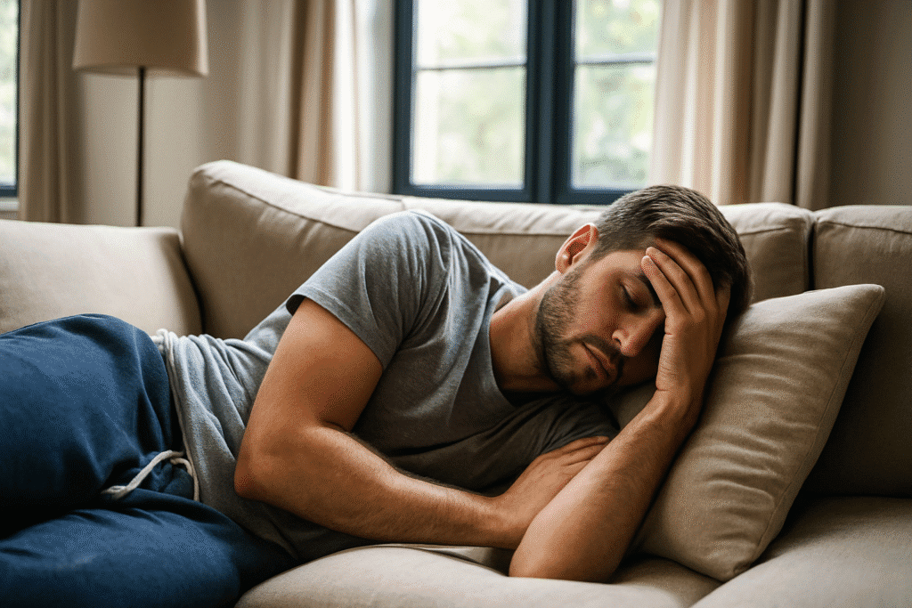 Guy stressed out laying on couch.
