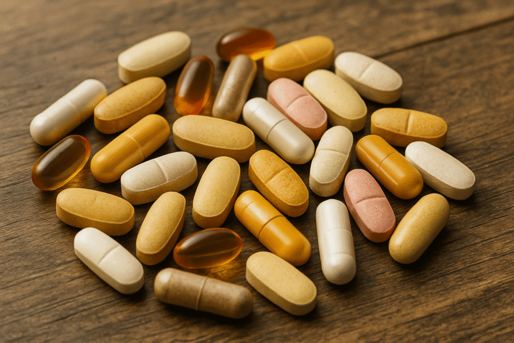 Multivitamins and supplements on a rustic wood table.
