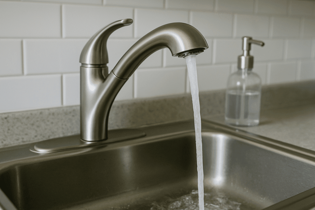 Tap water flowing out of kitchen sink.