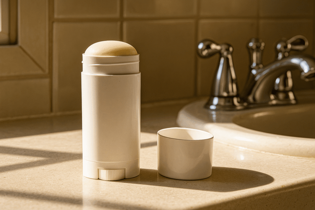 Natural deodorant on clean bathroom counter with sunlight.