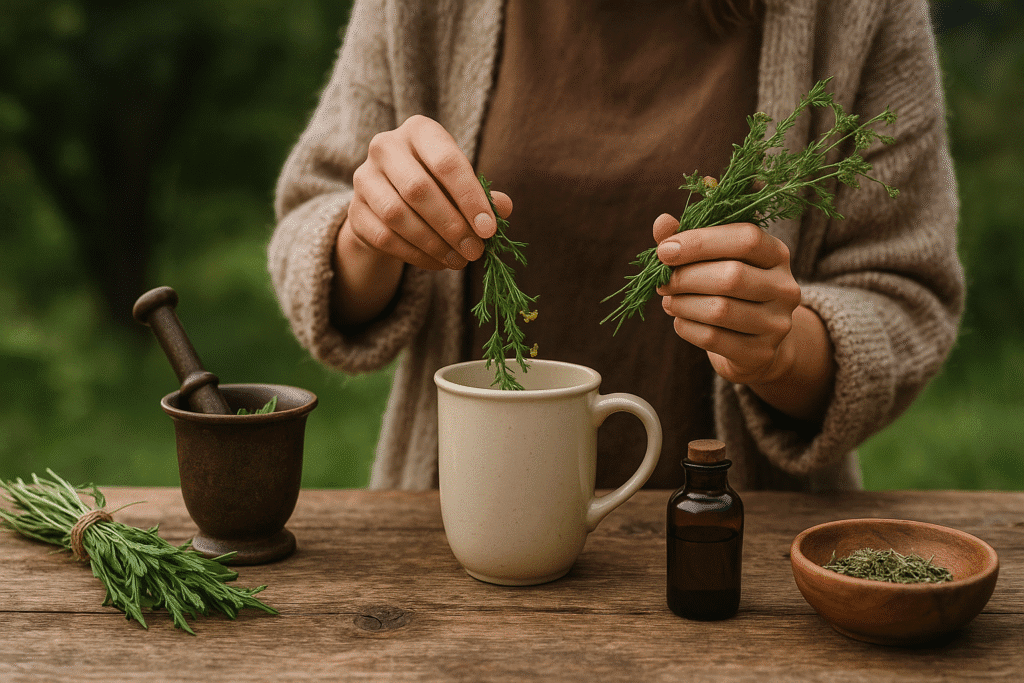 Outdoors in nature steeping herbs in hot water.