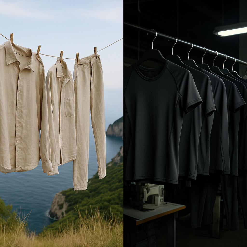 Linen clothes on a drying rack next to spandex/polyester closes in a factory.