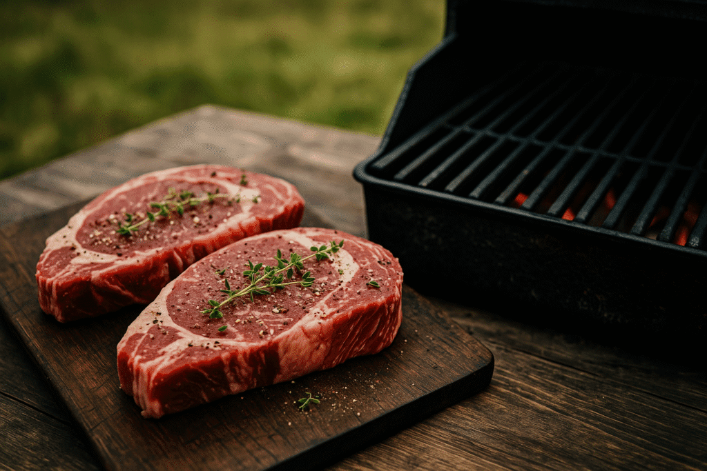 Raw steaks with herbs seasoned before going on to the grill.