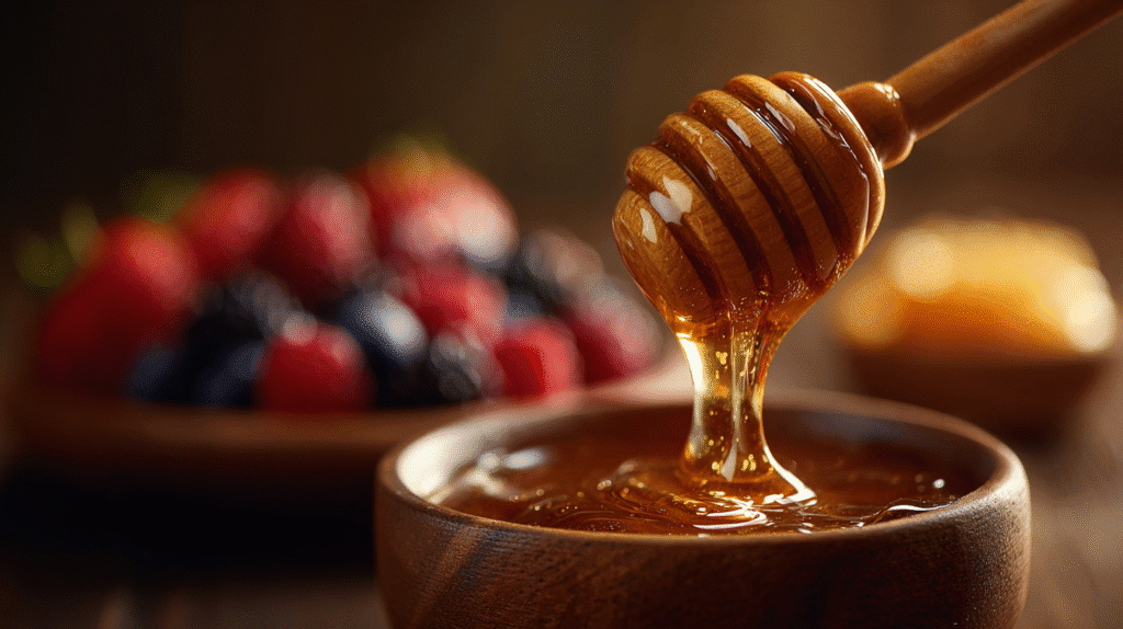Honey Dripping off wooden dipper