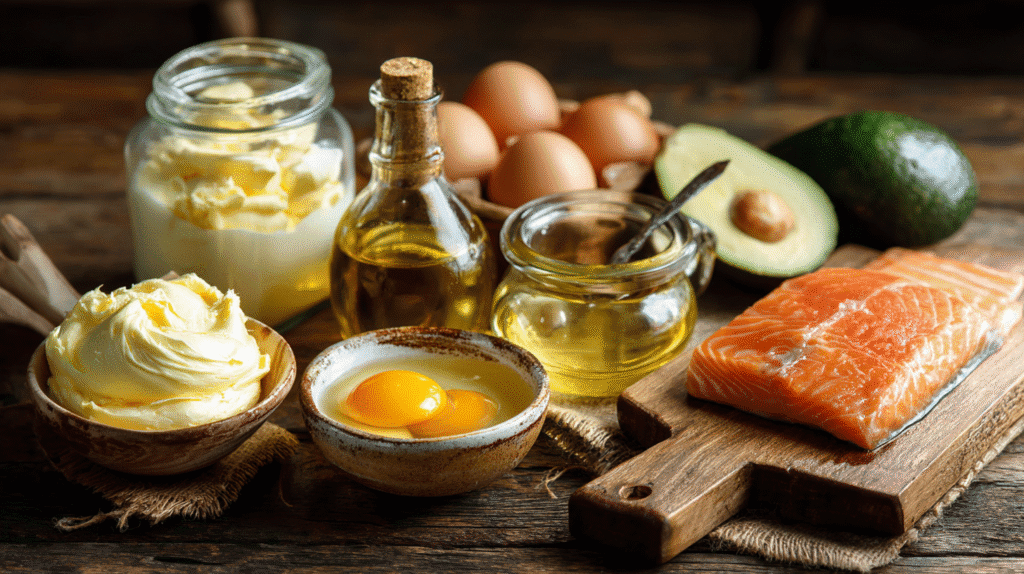 Healthy fats, butter, ghee, tallow, salmon, avacado