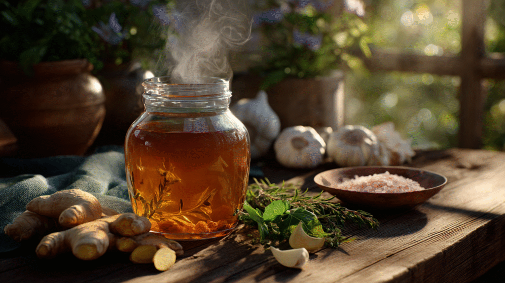 Bone broth, ginger, and herbs.