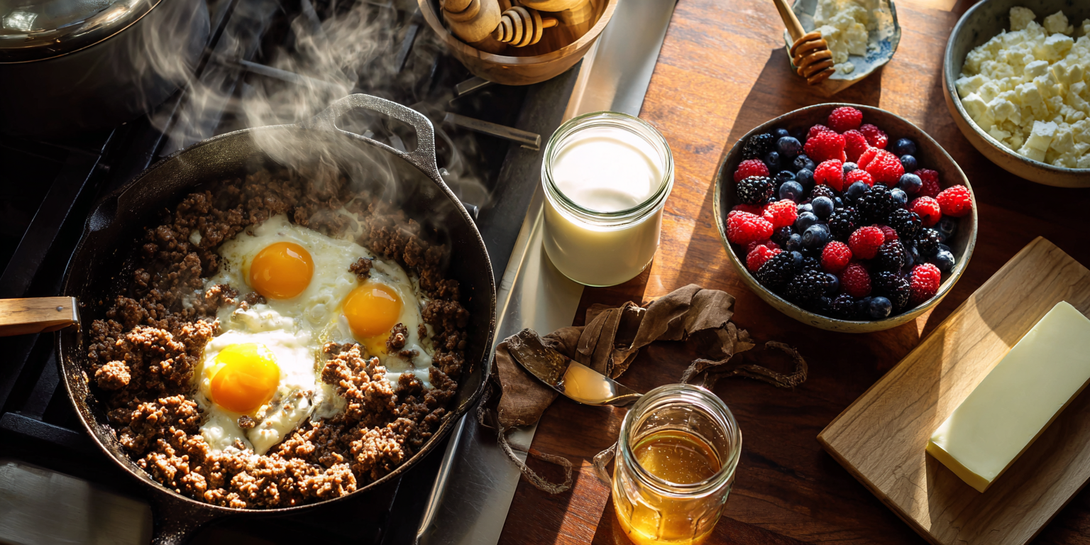 Cast iron skillet with ground beef and eggs and an assortment of fruit in a bowl with honey.