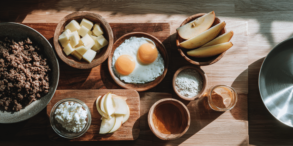 Beef, Eggs and seasonal fruits.