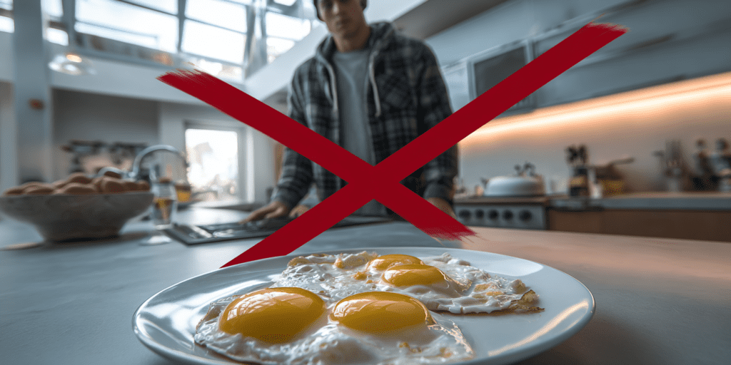 Man pushing away a plate of sunny side up eggs with a red X symbol, representing fear and misinformation around eating egg yolks and cholesterol