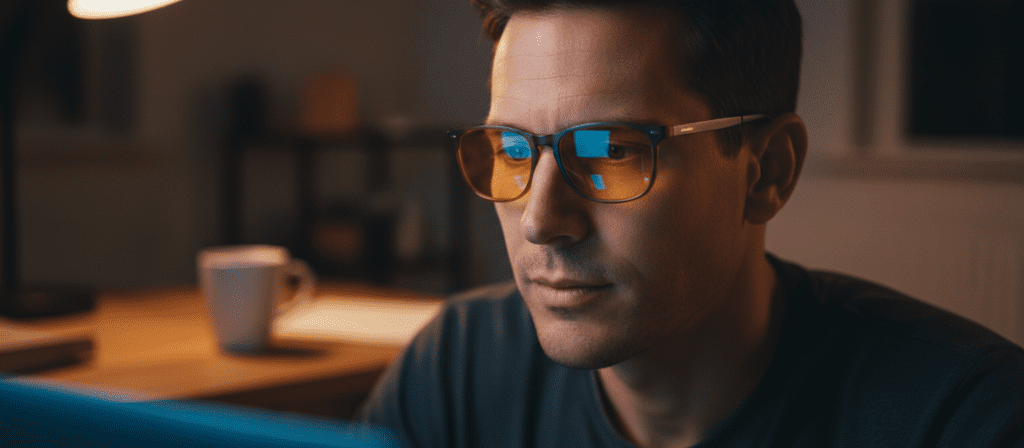 Man wearing amber blue light blocking glasses while looking at a bright laptop screen at night, illustrating how blue light exposure affects sleep and circadian rhythm