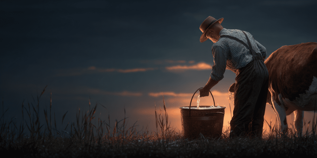 Farmer in traditional clothing collecting fresh milk from a cow at sunset in a rural field.
