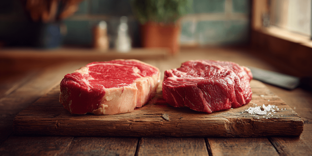 Two raw steaks on rustic wooden cutting board, one grass-fed with darker color and less marbling, one grain-fed with heavy marbling, sea salt scattered, warm natural kitchen light, ancestral nutrition style, real food textures, earthy tones
