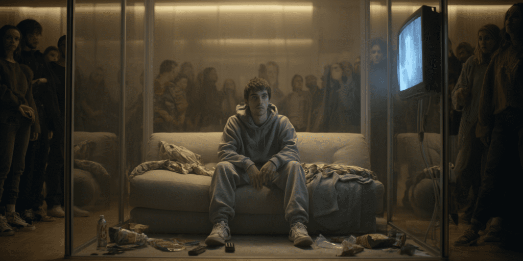 Young man sitting on a couch inside a glass enclosure like a zoo exhibit, surrounded by modern comforts such as a TV, snacks, and a blanket, symbolizing humans living safely but disconnected from their natural environment