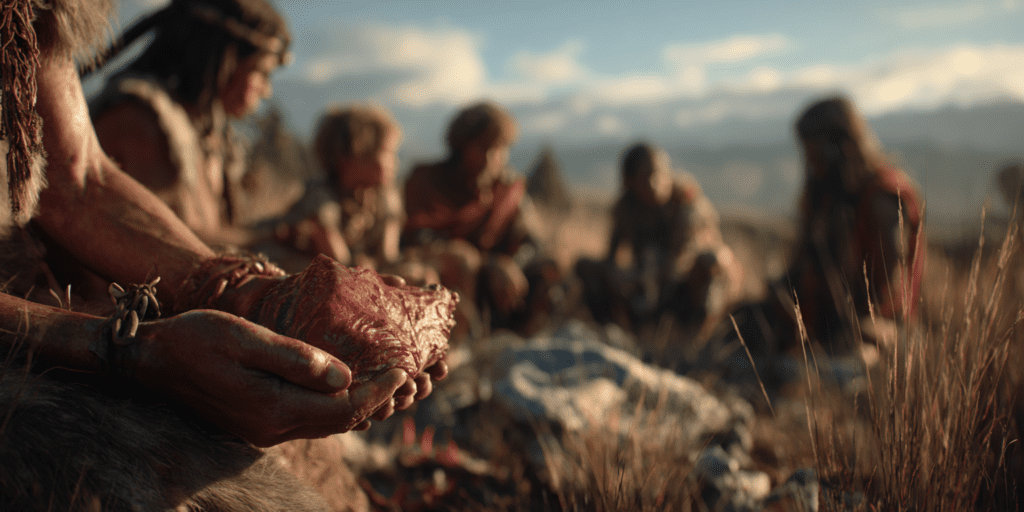 Early humans gathered outdoors after a hunt, with a hunter holding fresh animal liver while others sit nearby, showing how organ meats were valued and shared in ancestral diets.