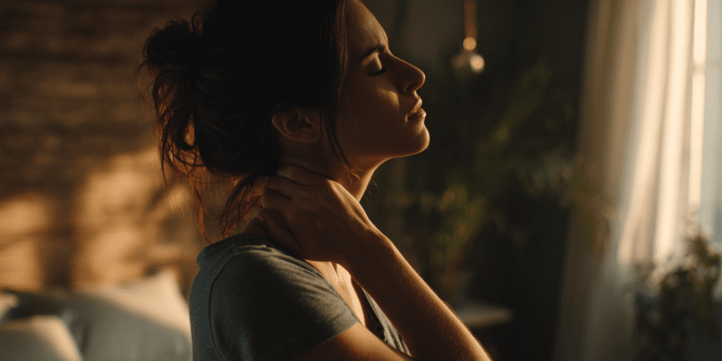 Person standing indoors holding their neck in discomfort, illustrating neck pain and stiffness linked to poor pillow support and sleep posture