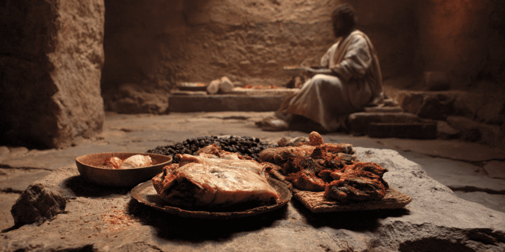  Man sitting in cave with his fresh catch of wild game.