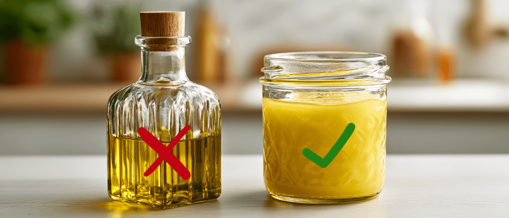 Glass bottle of olive oil marked with a red X next to a jar of golden ghee marked with a green check on a kitchen countertop, symbolizing an unfavorable vs. preferred cooking fat.