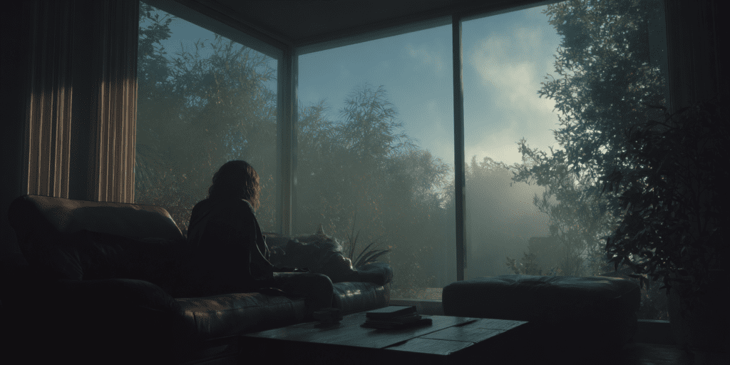 Person sitting on couch looking out large window at misty forest, indoor living vs outdoor nature contrast, dim natural light through glass, ancestral connection to fresh air, moody earthy tones, photorealistic
